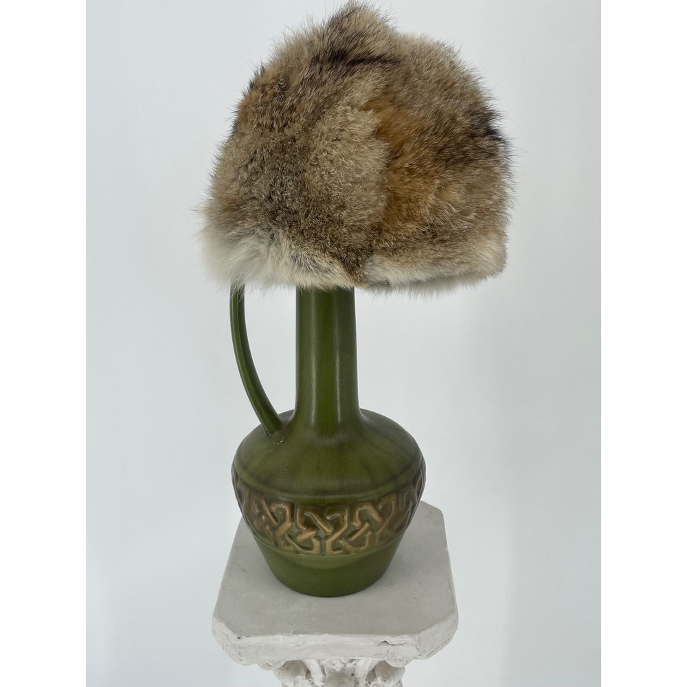 Vintage 1960s Natural Rabbit Fur Tall Toque Hat Brown Cream 22 Inch Mid Century